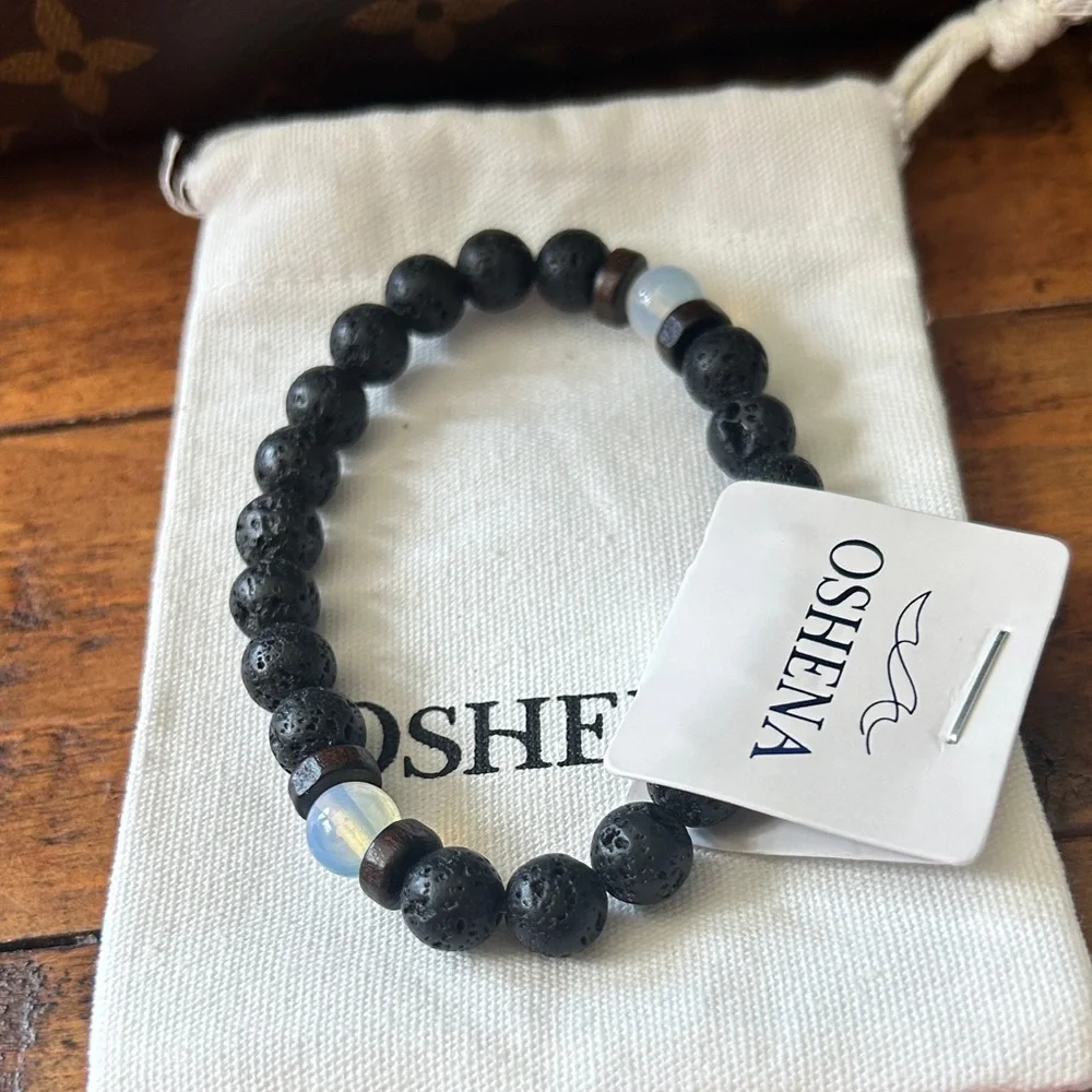 Oshena designer beachwear Black lava Bead Bracelet Opal bead New Release! UNISEX